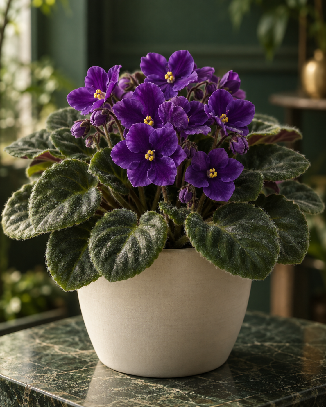 Violetas roxas em vaso claro
