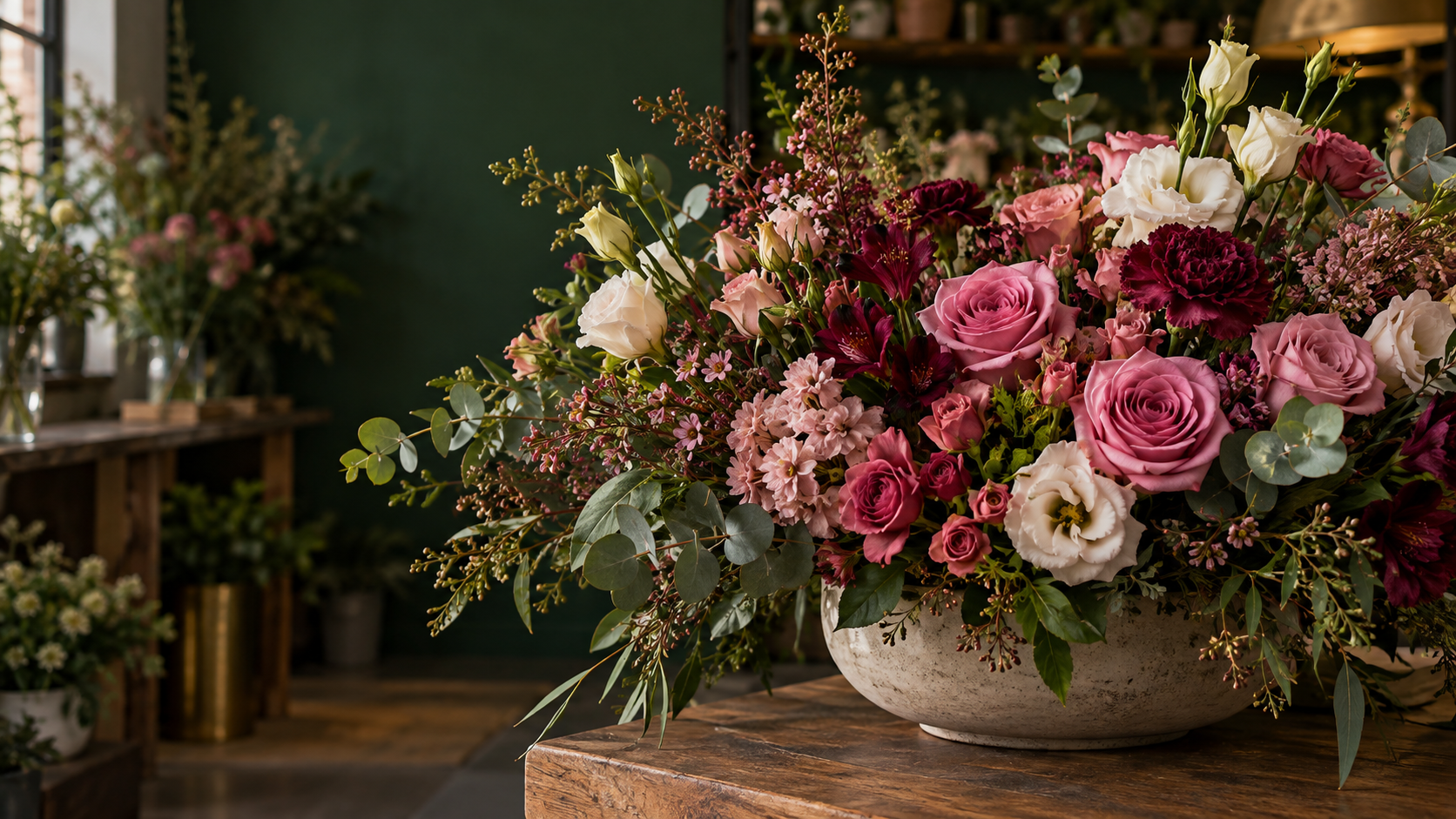 Arranjo com rosas, flores claras e folhagens em uma floricultura
