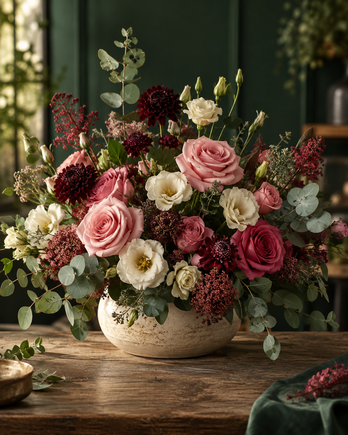 Arranjo floral em tons de rosa, vinho e creme