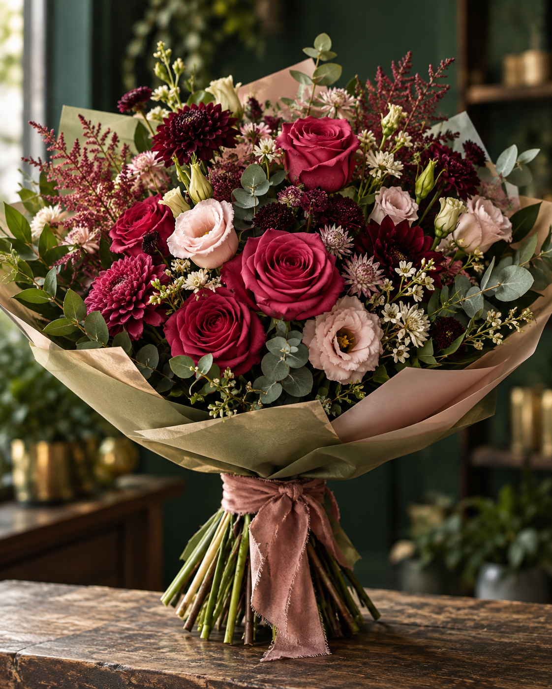 Buquê com rosas em tons de rosa, vinho e flores claras