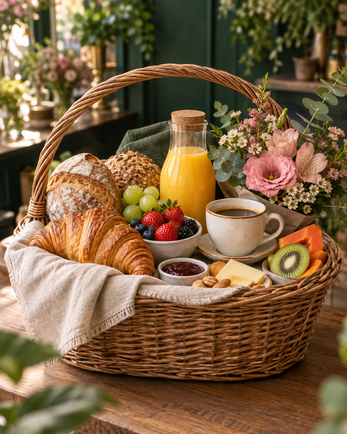 Cesta de café da manhã com pães, frutas, café, suco e flores