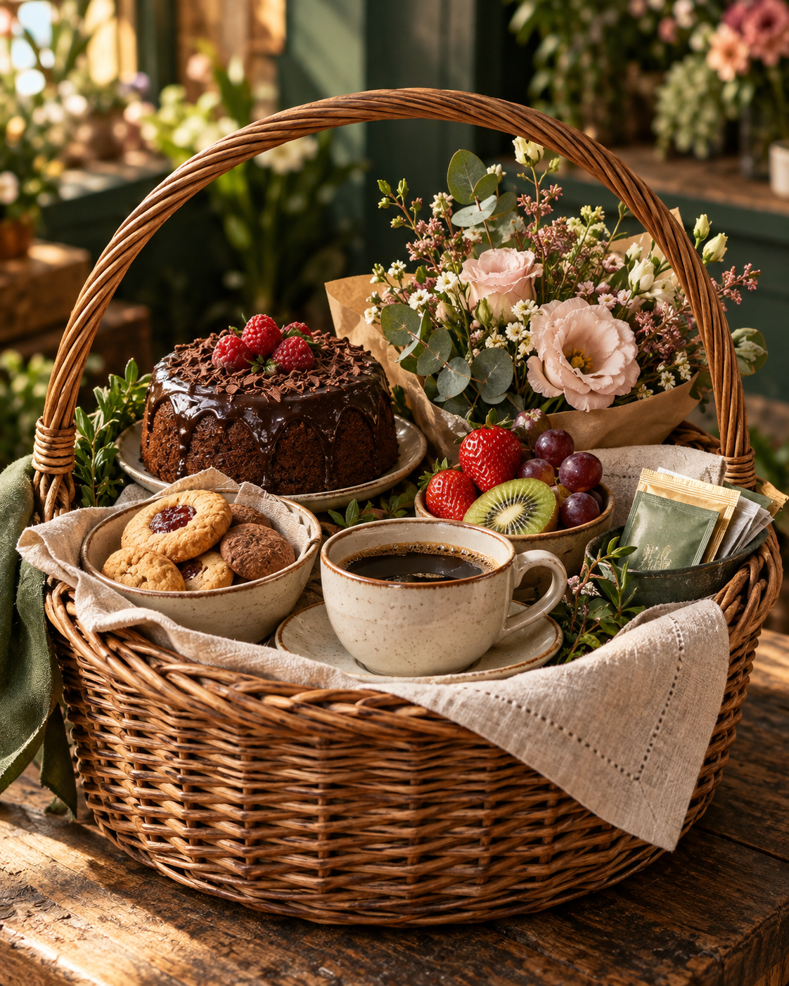 Cesta de café da tarde com bolo, biscoitos, frutas, café e flores