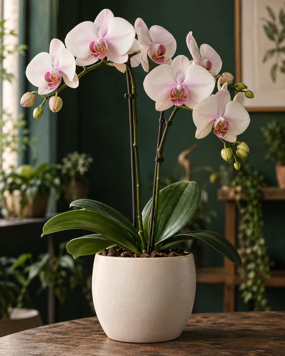 Orquídea clara com detalhes rosados em vaso de cerâmica